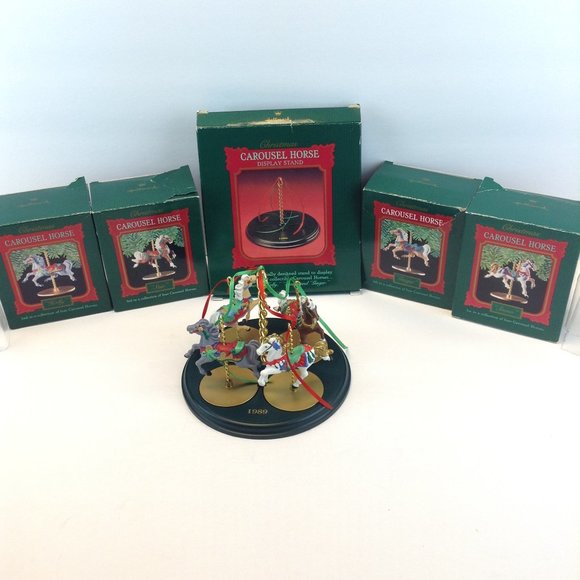 1989 Hallmark Christmas Ornament Carousel Horse Series Display Stand & 4 Horses - Picture 1 of 16